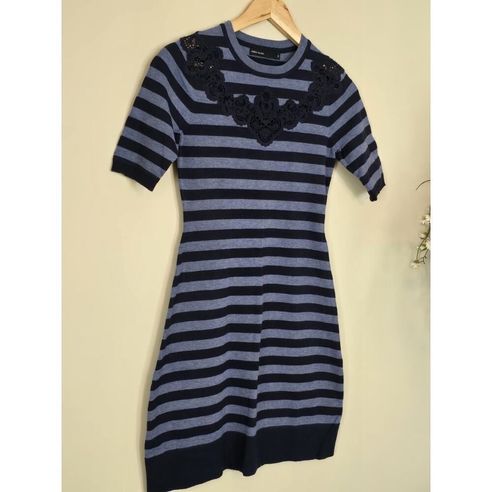 Karen Millen Stretch Lace Yoke Striped Knit Dress Short Sleeve Mini SZ Small - Picture 3 of 6